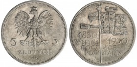 POLAND: Republic, AR 5 zlotych, 1930(w), Y-19, Centennial of the 1830 Revolution, AU.