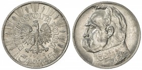 POLAND: Republic, AR 5 zlotych, 1938(w), Y-28, Josef Piesudski, AU.