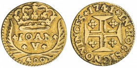 PORTUGAL: João V, 1706-1750, AV 400 reis (0.95g), Lisbon, 1741, KM-201, valued at 480 reis (= 1 pinto), tiny trace of mount on the edge, barely notice...
