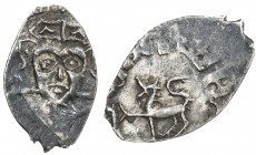 PSKOV: Anonymous, ca. 1460-1510, AR denga (0.55g), H&P-3017, Zeno-55428 (this piece), facing bust // leopard facing left, Russian legend around, EF.