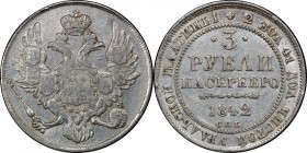 RUSSIAN EMPIRE: Nicholas I, 1825-1855, platinum 3 roubles, 1842, Cr-177, Bit-88, PCGS graded EF40.