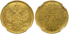 RUSSIAN EMPIRE: Alexander II, 1855-1881, AV 3 roubles, 1869, Y-26, HI mintmaster, fully lustrous for this unusual denomination, NGC graded MS63. Alexa...