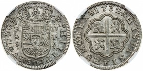 SPAIN: Felipe V, 2nd reign, 1724-1746, AR 2 reales, 1732-S, KM-355, assayer PA, a lovely example! NGC graded MS64.