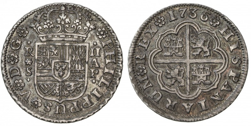SPAIN: Felipe V, 2nd reign, 1724-1746, AR 2 reales, 1736-S, KM-355, assayer AP, ...