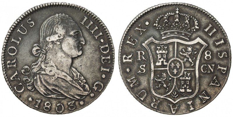 SPAIN: Carlos IV, 1788-1808, AR 8 reales (27.08g), 1803-S, KM-432.2, assayer CN,...