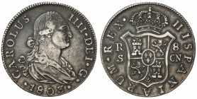 SPAIN: Carlos IV, 1788-1808, AR 8 reales (27.08g), 1803-S, KM-432.2, assayer CN, lovely toning, choice VF.
