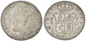 SPAIN: Fernando VII, 2nd reign,1813-1833, AR 8 reales, 1814-C, KM-461.2, lustrous surfaces, Choice AU.