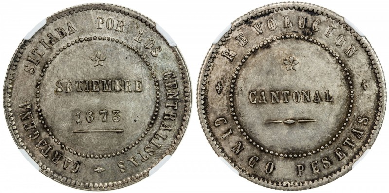 SPAIN: AR 5 pesetas, Cartagena, 1873, KM-716, struck during the Cantonal Revolut...