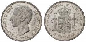 SPAIN: Alfonso XII, 1874-1885, AR 5 pesetas, 1876, KM-671, mintmaster DE-M, UNC.