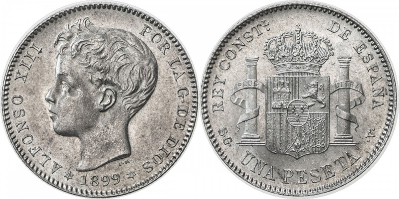 SPAIN: Alfonso XIII, 1886-1931, AR peseta, 1899 (99), KM-706, Choice UNC.