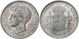 SPAIN: Alfonso XIII, 1886-1931, AR peseta, 1899 (99), KM-706, Choice UNC.
