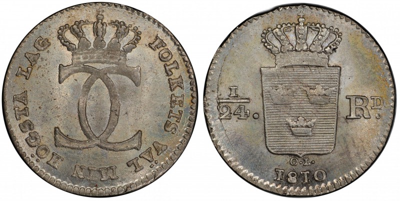 SWEDEN: Karl XIII, 1809-1818, AR 1/24 riksdaler, 1810, KM-580, mintmaster OL, a ...