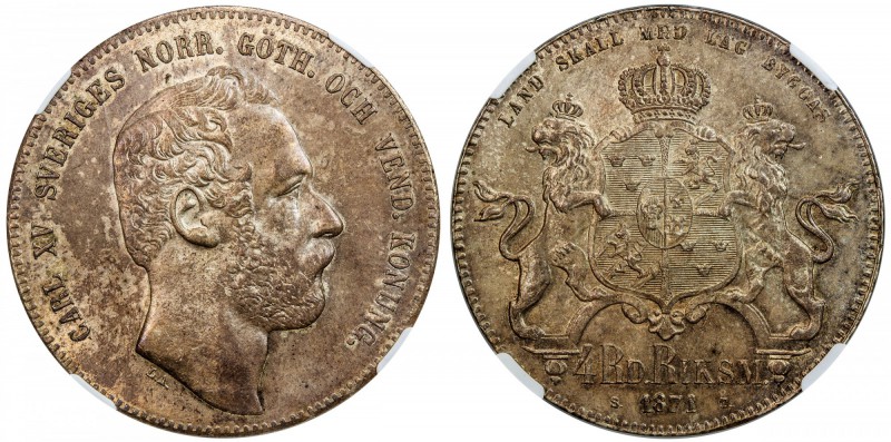 SWEDEN: Karl XV, 1859-1872, AR 4 riksdaler, 1871, KM-726, mintmaster ST, a lovel...