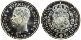 SWEDEN: Gustaf V, 1907-1950, AR 2 kronor, 1926, KM-787, brilliant prooflike fields, a possible specimen or proof strike, NGC graded MS65.