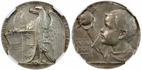 AARGAU: AR medal, 1908, Richter-32a, 28mm; Aargau Shooting Festival: eagle & shield // Walter Tell, son of William Tell, holding apple shot through wi...
