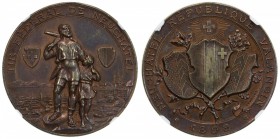 NEUCHÂTEL: AE medal, 1898, Richter-975b, 32mm; Neuchâtel Shooting Festival: rifleman & his son // shields of Neuchâtel, Switzerland, and Valangin; the...