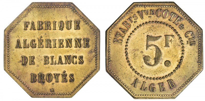 ALGERIA: brass 5 francs, ND, LeCompte-167, FABRIQUE / ALGERIENNE / DE BLANCS / B...
