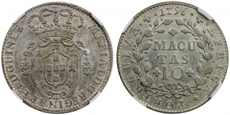 ANGOLA: Maria I, 1777-1816, AR 10 macutas, 1796, KM-36, one-year type, surface h...