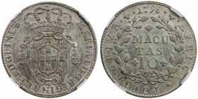 ANGOLA: Maria I, 1777-1816, AR 10 macutas, 1796, KM-36, one-year type, surface hairlines, still quite attractive for type, NGC graded AU details.