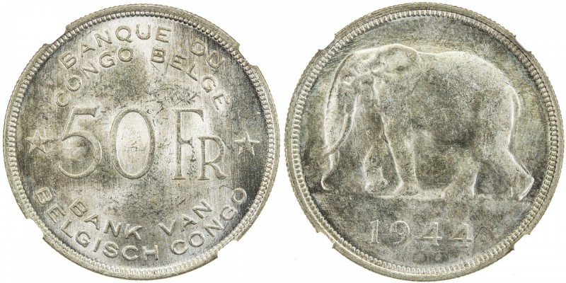 BELGIAN CONGO: Leopold III, 1934-1950, AR 50 francs, 1944, KM-27, NGC graded MS6...