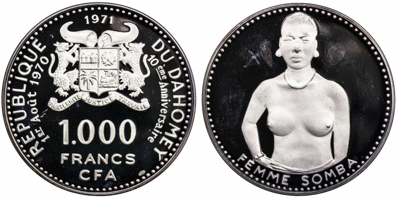 DAHOMEY: Republic, AR 1000 francs, 1970, KM-4.1, 55mm, 10th Anniversary of Indep...