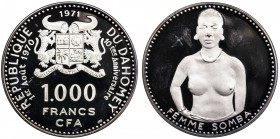 DAHOMEY: Republic, AR 1000 francs, 1970, KM-4.1, 55mm, 10th Anniversary of Independence - Somba Woman, mintage 6,500 with original case of issue, Proo...