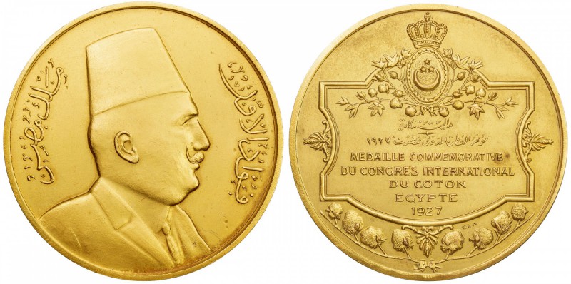 EGYPT: Fuad I, 1922-1936, gilt bronze medal (60.72g), 1927, 57mm; king's bust fa...