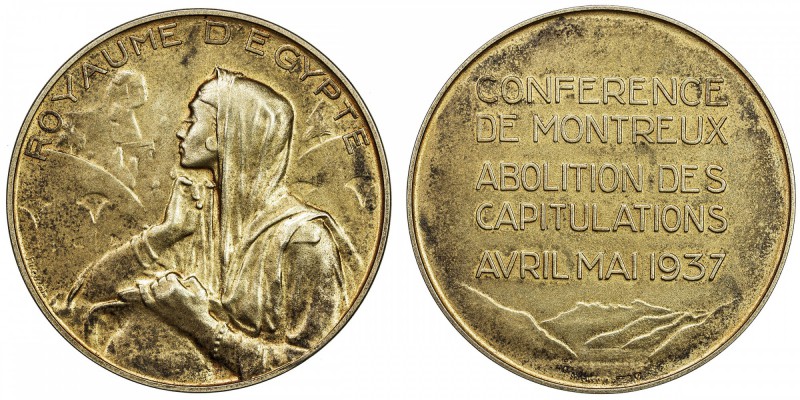 EGYPT: Farouk, 1936-1952, gilt silver medal (48.03g), 1937, 50mm; ROYAUME D'EGYP...