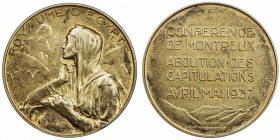 EGYPT: Farouk, 1936-1952, gilt silver medal (48.03g), 1937, 50mm; ROYAUME D'EGYPTE above Egyptia // CONFERENCE / DE MONTREUX / ABOLITION DES / CAPITUL...