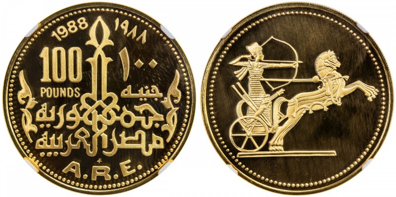 EGYPT: Arab Republic, AV 100 pounds, 1988, KM-648, Golden Warrior, proof, NGC gr...