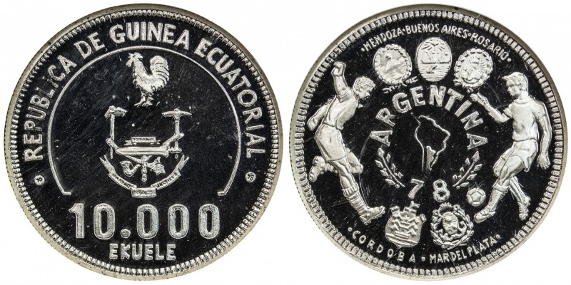 EQUATORIAL GUINEA: Republic, AR 10,000 ekuele, ND (1979), as KM-41, 1978 FIFA Wo...