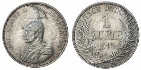 GERMAN EAST AFRICA: Wilhelm II, 1891-1918, AR rupie, 1912-J, KM-10, faint surface hairlines, UNC.