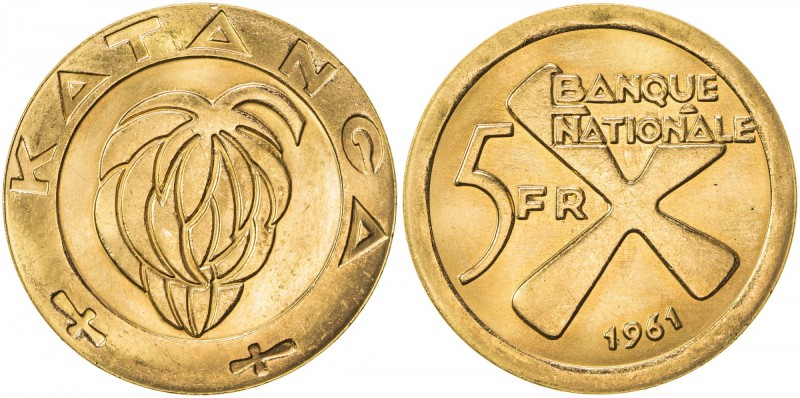 KATANGA: AV 5 francs (13.26g), 1961, KM-2a, Schon-2a, off metal strike in gold, ...