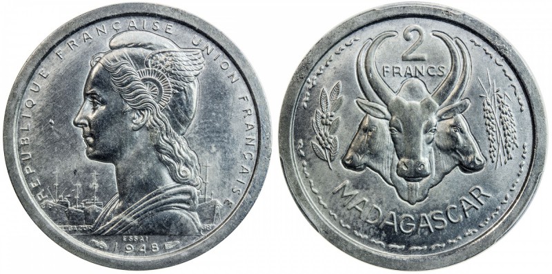 MADAGASCAR: 2 francs, 1948, KM-PE2, Lec-100, essai piedfort (piéfort), mintage o...
