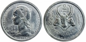 MADAGASCAR: 2 francs, 1948, KM-PE2, Lec-100, essai piedfort (piéfort), mintage of only 104 pieces, PCGS graded Specimen 64, R.