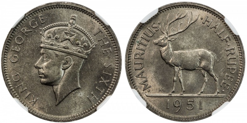 MAURITIUS: George VI, 1936-1952, ½ rupee, 1951, KM-28, rare so nice! NGC graded ...