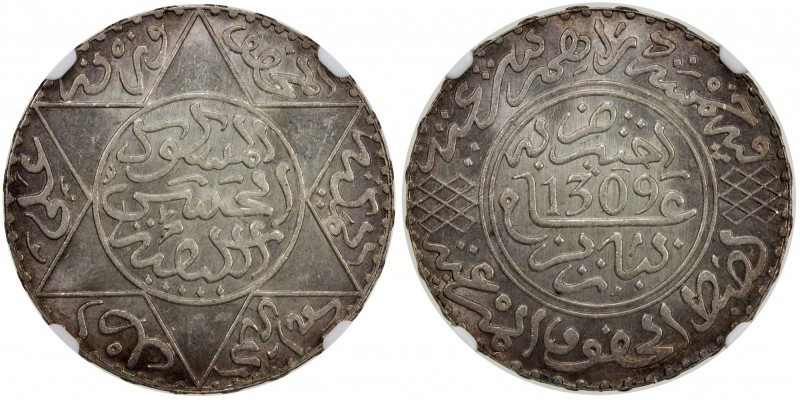 MOROCCO: Moulay al-Hasan, 1873-1894, AR 5 dirhams, Paris, AH1309, Y-7, NGC grade...