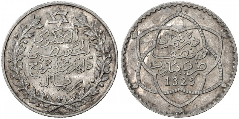 MOROCCO: al-Hafiz, 1908-1912, AR 2½ dirhams, Paris, AH1329, Y-23, UNC.