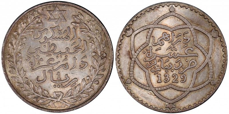 MOROCCO: al-Hafiz, 1908-1912, AR 10 dirhams (rial), Berlin, AH1329, Y-25, Lec-19...