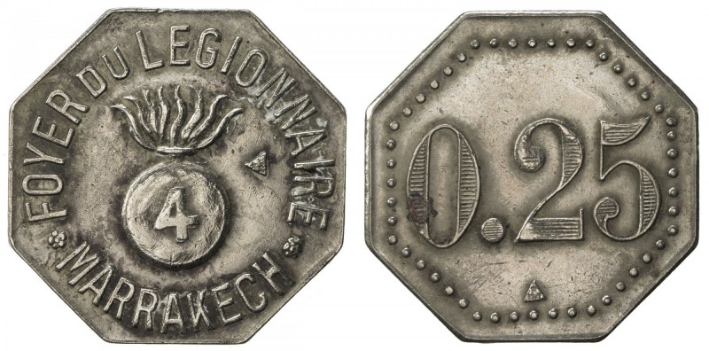 MOROCCO: 0.25 (franc) token (3.31g), ND [ca. 1915?], Lecompte-330, 23mm octagona...