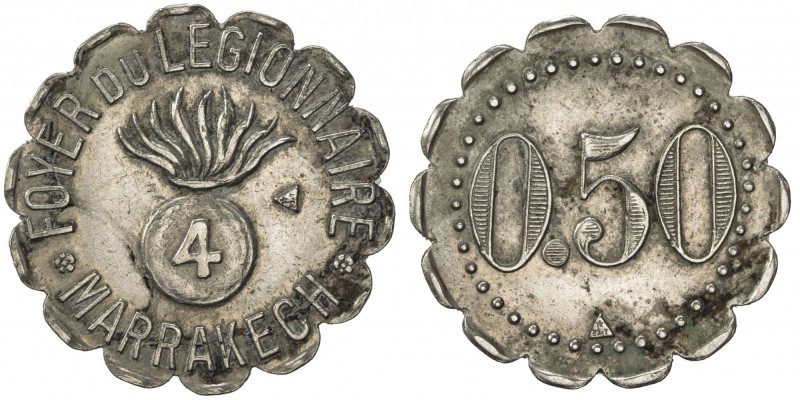 MOROCCO: 0.50 (franc) token (2.95g), ND [ca. 1915?], Lecompte-331, 23mm scallope...