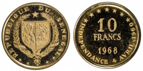 SÉNÉGAL: Republic, AV 10 francs, 1968, KM-1, 8th Anniversary of Independence, Proof.