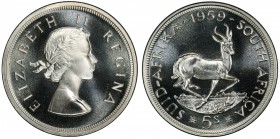 SOUTH AFRICA: Elizabeth II, 1952-1961, AR 5 shillings, 1959, KM-52, prooflike issue, PCGS graded PL67+. Only one graded higher by PCGS.