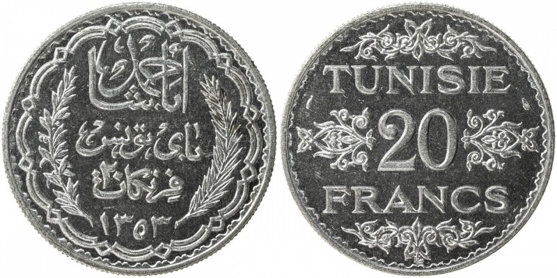 TUNISIA: Ahmad Pasha Bey, 1929-1942, AR 20 francs, AH1353, KM-263, struck at the...