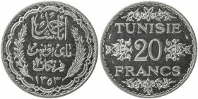 TUNISIA: Ahmad Pasha Bey, 1929-1942, AR 20 francs, AH1353, KM-263, struck at the Paris mint, prooflike fields, UNC.