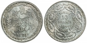 TUNISIA: Muhammad al-Amin, 1943-1957, AR 10 francs, 1944//AH1364, KM-269, Lec-341, PCGS graded MS65.