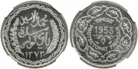 TUNISIA: Muhammad al-Amin, 1943-1957, AR 10 francs, 1953, KM-M4, Bruce-X1, so-called medallic issue, because the actual denomination is omitted from a...