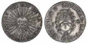 ARGENTINA: Rio de la Plata, AR 8 reales, 1834, KM-20, initials RA-P, sunface type, polished and retoned, EF.