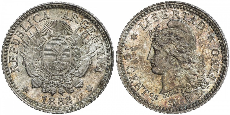 ARGENTINA: Republic, AR 10 centavos, 1882, KM-26, lovely toning, Choice UNC.