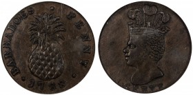 BARBADOS: George III, 1870-1820, AE penny, 1788, KM-Tn8, large pineapple variety, NGC graded AU55 BR. These tokens are thought to have been privately ...